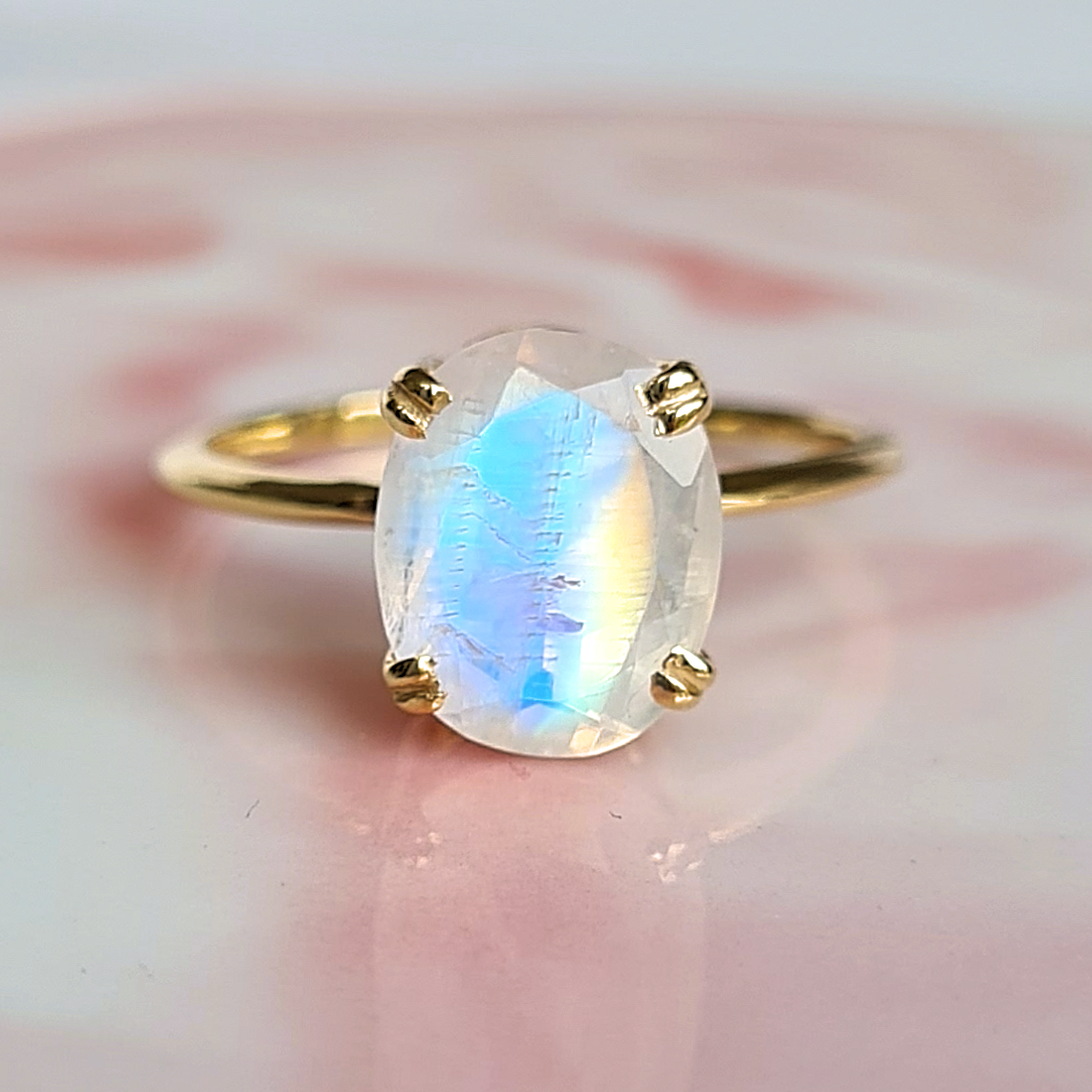 14k Gold Vermeil Oval Cut Rainbow Moonstone Ring - Anniversary, Birthday, Mother's Day Gift for her, Engagement, Gemstone Ring