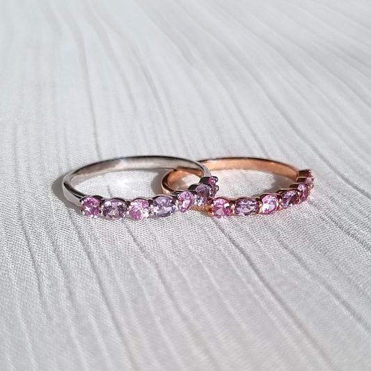 stackable pink sapphire and pink amethyst half eternity wedding ring in sterling silver