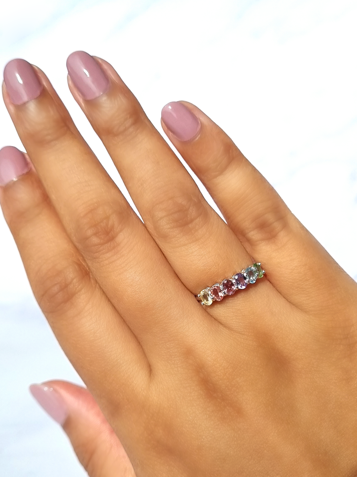 Rainbow Multicoloured Gemstone Half Eternity Ring in Sterling