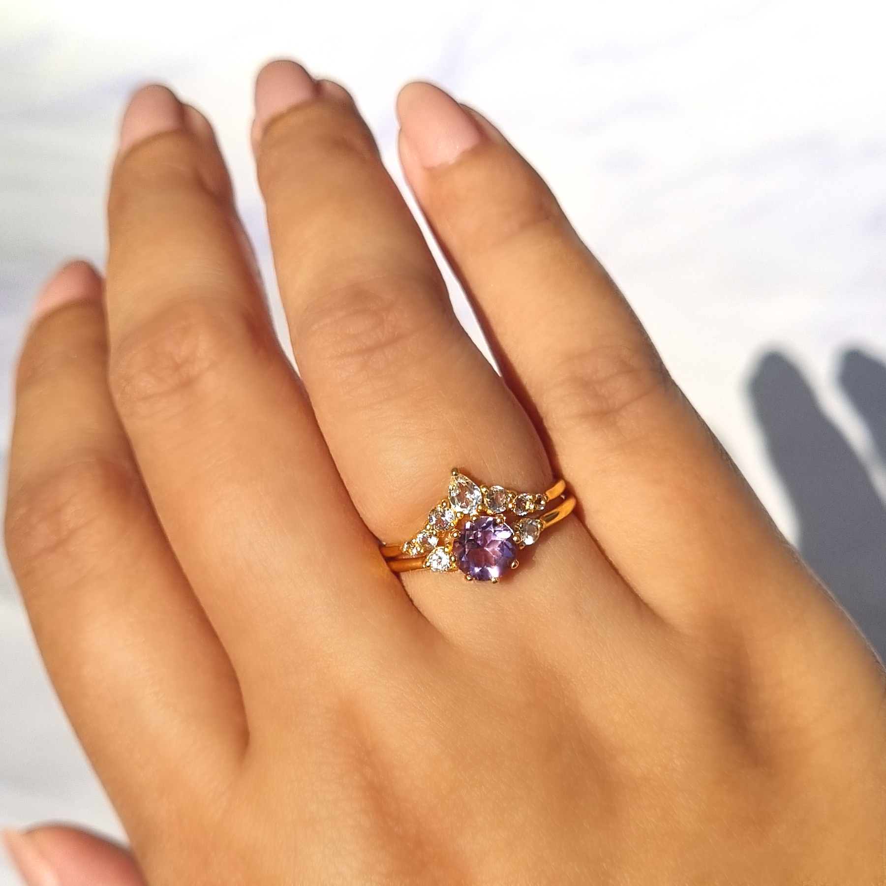 Round cut lavender Amethyst and white topaz three stone engagement and wedding ring stack in 18k gold vermeil