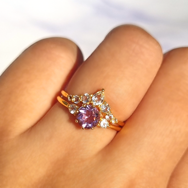 Round cut lavender Amethyst and white topaz three stone engagement and wedding ring stack in 18k gold vermeil