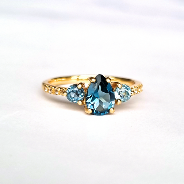London Blue and round cut Swiss Blue Topaz engagement , promise and wedding Ring in 18k Gold Vermeil