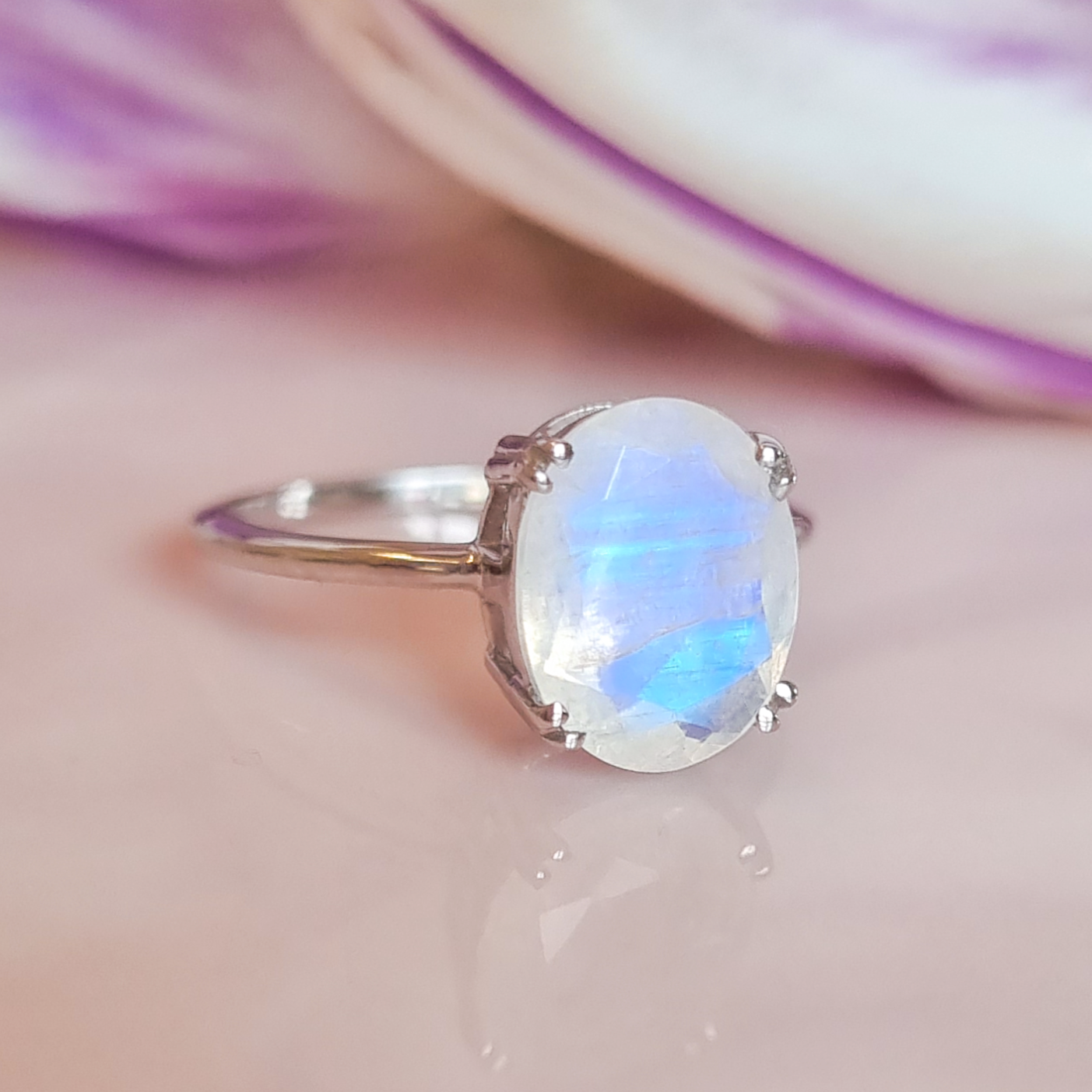 Sterling Silver Oval Cut Rainbow Moonstone Ring - Anniversary, Birthday, Mother's Day Gift for her, Engagement, Gemstone Ring