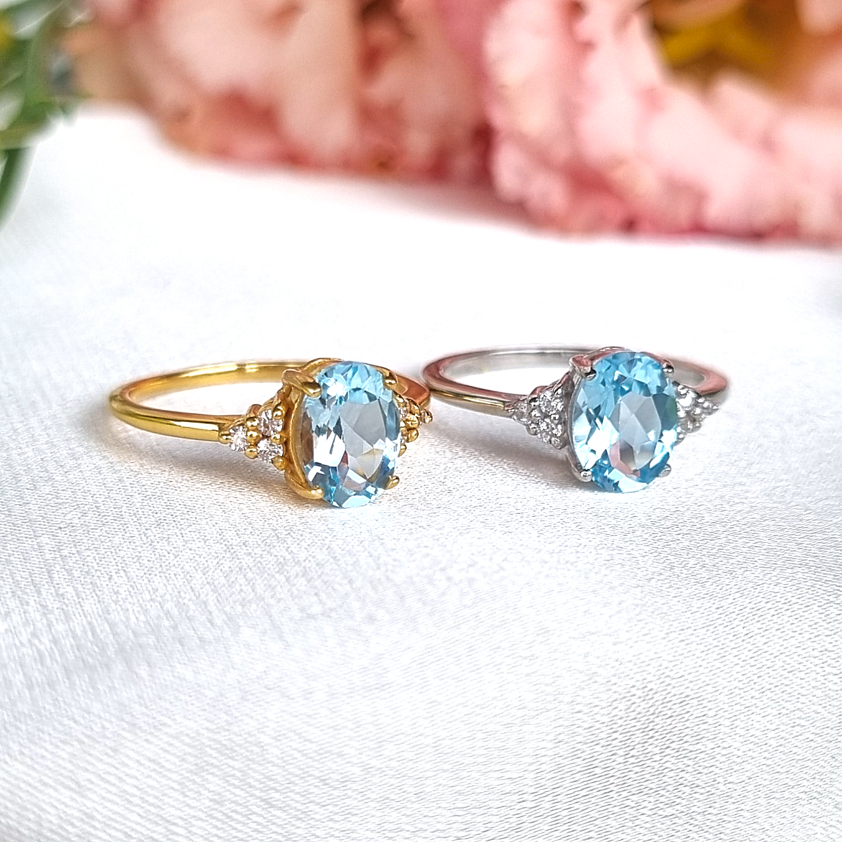 oval cut sky blue topaz engagement and wedding ring in sterling silver and 18k gold vermeil