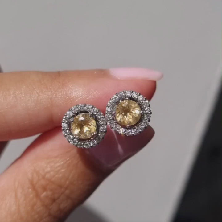 Round cut citrine halo stud earrings bridal jewellery in sterling silver gifts for her