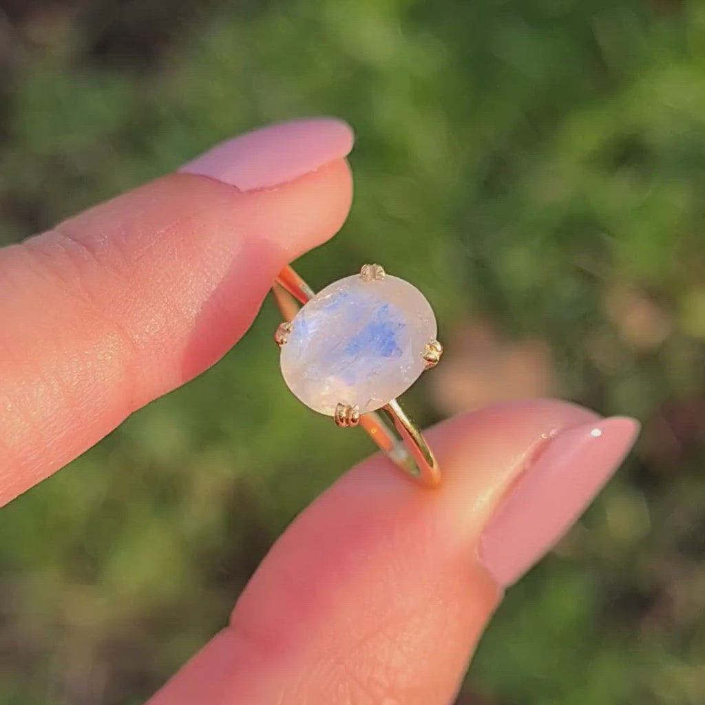 14k Gold Vermeil Oval Cut Rainbow Moonstone Ring - Anniversary, Birthday, Mother's Day Gift for her, Engagement, Gemstone Ring